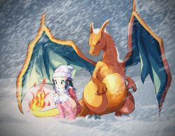 Rule 34 | 1girl, beanie, black hair, boots, c.parfait, charizard, coat, commentary request, creatures (company), dawn (pokemon), fire, flame-tipped tail, game freak, gen 1 pokemon, hair ornament, hairclip, hat, highres, long hair, looking down, nintendo, outdoors, over-kneehighs, pink footwear, pokemon, pokemon (creature), pokemon dppt, pokemon platinum, red coat, scarf, sidelocks, snow, snowing, squatting, thighhighs, white headwear, white scarf, white thighhighs