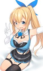 Rule 34 | 1girl, :d, asymmetrical legwear, bare shoulders, bed sheet, blonde hair, blue eyes, blue flower, blue rose, blush, breasts, cleavage, elbow gloves, flower, gloves, hair between eyes, highres, kei (soundcross), large breasts, long hair, looking at viewer, mirai akari, mirai akari project, open mouth, outstretched arm, pleated skirt, ponytail, reaching, reaching towards viewer, rose, selfie, single thighhigh, sitting, skirt, smile, solo, thighhighs, uneven legwear, v, virtual youtuber