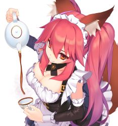 Rule 34 | 1girl, absurdres, adapted costume, alternate costume, alternate hairstyle, animal ear fluff, animal ears, apron, black dress, breasts, cleavage, coffee, coffee cup, collarbone, commentary, commentary request, cup, detached sleeves, disposable cup, dress, enmaided, fate/extra, fate/extra ccc, fate/grand order, fate (series), fox ears, fox girl, fox tail, frills, highres, large breasts, looking at viewer, looking up, maid, maid apron, maid headdress, ninsaki (9saki), official alternate costume, puffy short sleeves, puffy sleeves, short sleeves, simple background, solo, tail, tamamo (fate), tamamo no mae (fate/extra), tamamo no mae (tailmaid strike) (fate), twintails, waist apron, white background
