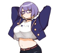 Rule 34 | 1girl, arms behind head, black choker, blonde hair, blue jacket, blush, breasts, choker, clothes writing, colored inner hair, crop top, cropped jacket, denim, earrings, glasses, highres, hololive, hololive indonesia, jacket, jeans, jewelry, large breasts, midriff, moona hoshinova, moona hoshinova (3rd costume), multicolored hair, okunin, open clothes, open jacket, pants, purple-framed eyewear, purple eyes, purple hair, shirt, short hair, simple background, solo, two-tone hair, virtual youtuber, white background, white shirt, yellow eyes