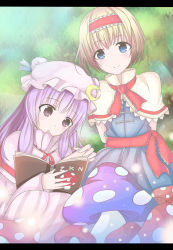 2girls :o alice_margatroid arms_behind_back blonde_hair blue_eyes book capelet dress hairband highres letterboxed multiple_girls mushroom open_book patchouli_knowledge purple_eyes purple_hair reading sakura_mochi_usa sakuramochi_usa short_hair smile touhou