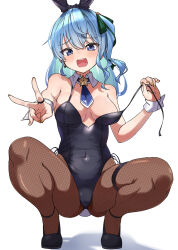 Rule 34 | 1girl, alternate costume, animal ears, bare shoulders, black footwear, black leotard, black pantyhose, blue eyes, blue hair, blue necktie, blush, breasts, commentary request, covered navel, detached collar, earrings, eru (l illust45), fake animal ears, fake tail, fingernails, fishnet pantyhose, fishnets, furrowed brow, green ribbon, hair between eyes, hair ribbon, hand up, highleg, highleg leotard, highres, hololive, hoshimachi suisei, jewelry, leotard, long hair, looking at viewer, medium breasts, nail polish, necktie, open mouth, outstretched arm, pantyhose, playboy bunny, rabbit ears, rabbit tail, ribbon, ring, shadow, short necktie, side-tie leotard, side ponytail, simple background, single earring, smile, solo, squatting, star (symbol), star earrings, star in eye, symbol in eye, tail, thigh strap, v, virtual youtuber, white background, white wrist cuffs, wrist cuffs, yellow nails