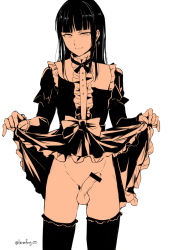 Rule 34 | 1boy, black hair, bottomless, censored, clothes lift, crossdressing, dress, dress lift, erection, lifted by self, locon, lolita fashion, long hair, looking at viewer, male focus, no panties, original, penis, smile, solo, testicles, thighhighs, trap, white background