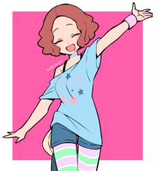 Rule 34 | 1girl, :d, ^ ^, alternate costume, artist name, blush, brown hair, choker, closed eyes, commentary request, do m kaeru, multicolored clothes, multicolored legwear, okumura haru, open mouth, outstretched arms, pantyhose, pantyhose under shorts, persona, persona 4: dancing all night, persona 5, persona dancing, short hair, shorts, smile, solo, striped clothes, striped pantyhose, wristband
