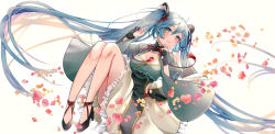 Rule 34 | 1girl, absurdly long hair, aqua hair, aqua nails, black gloves, blue eyes, blush, bow, breasts, cleavage, cleavage cutout, clothing cutout, commentary request, floating, flower, frilled skirt, frills, full body, gloves, grey skirt, hair between eyes, hair bow, hair ornament, hands up, hatsune miku, high heels, highres, knees up, kyashii (a3yu9mi), long hair, looking at viewer, medium breasts, nail polish, parted lips, partially fingerless gloves, pink flower, red bow, red ribbon, ribbon, side cutout, skirt, solo, twintails, very long hair, vocaloid, white background, wide sleeves, yellow flower