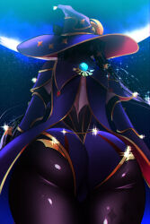 Rule 34 | 1girl, absurdres, ass, ass focus, back, capelet, commentary, english commentary, facing away, from behind, from below, fukou, genshin impact, gold trim, hat, highres, leotard, long hair, mona (genshin impact), moon, pantyhose, purple capelet, purple hat, purple leotard, sky, solo, space, star (sky), starry sky, twintails, very long hair, vision (genshin impact), witch hat
