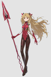 Rule 34 | 1girl, blonde hair, bodysuit, breasts, brown eyes, commentary, cosplay, covered navel, ereshkigal (fate), evangelion: 3.0 you can (not) redo, fate/grand order, fate (series), full body, grey background, hair ribbon, highres, holding, holding polearm, holding weapon, long hair, looking at viewer, multicolored bodysuit, multicolored clothes, neon genesis evangelion, parted bangs, parted lips, pilot suit, plugsuit, polearm, rebuild of evangelion, red bodysuit, ribbon, siino, simple background, skin tight, small breasts, solo, souryuu asuka langley (cosplay), spear, spear of cassius, standing, twitter username, two side up, very long hair, weapon