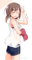Rule 34 | 1girl, bad id, bad twitter id, blush, brown hair, closed eyes, cowboy shot, from side, hot, looking at viewer, low twintails, original, sasahara wakaba, shirt, short hair, short twintails, shorts, simple background, smile, solo, sweat, tank top, towel, twintails, twitter username, v, wet, wet clothes, wet shirt
