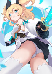 Rule 34 | 1girl, absurdres, ass, bare shoulders, black gloves, blonde hair, blue eyes, celtie (world flipper), detached sleeves, dress, frilled sleeves, frills, from below, gloves, hair between eyes, highres, long hair, long sleeves, looking at viewer, looking back, panties, parted lips, petals, smile, solo, strapless, strapless dress, sword, taotao, thighhighs, thighs, two side up, underwear, weapon, white dress, white panties, white sleeves, white thighhighs, world flipper