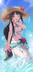 Rule 34 | 1girl, ;d, absurdres, bare arms, bare shoulders, bead bracelet, beads, bikini, black choker, black hair, black survival, bracelet, breasts, brown hat, bubble, choker, cleavage, clothing cutout, day, eternal return: black survival, flower, frilled bikini, frills, green eyes, gweon sua, hair flower, hair ornament, hat, hat flower, highleg, highres, jewelry, large breasts, long hair, looking at viewer, low-tied long hair, midriff, minn (kangjm1107), navel, one eye closed, open mouth, outdoors, rose, sarong, smile, solo, standing, stomach, straw hat, swimsuit, thighs, underboob, underboob cutout, very long hair, water, wet, white bikini