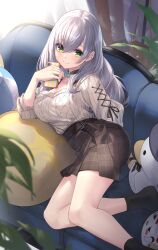Rule 34 | 1girl, absurdres, bare shoulders, belt, blush, breasts, cellphone, cleavage, collarbone, couch, green eyes, grey hair, grey skirt, highres, hololive, large breasts, long hair, long sleeves, looking at viewer, off-shoulder sweater, off shoulder, phone, shirogane noel, shirogane noel (casual), skirt, smile, solo, stuffed toy, sweater, thighs, tsurupy, virtual youtuber, white sweater