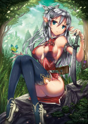 Rule 34 | 1girl, armlet, artist name, bare shoulders, black thighhighs, blue eyes, boots, bracelet, breasts, bug, butterfly, center opening, cleavage, cleavage cutout, clothing cutout, covered erect nipples, earrings, elf, forest, gia, hair ornament, hairclip, insect, jewelry, large breasts, long hair, looking at viewer, lots of jewelry, nature, original, pointy ears, scabbard, sheath, signature, silver hair, sitting, solo, sword, thigh boots, thighhighs, tree, weapon