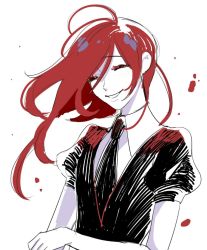 Rule 34 | 1other, androgynous, azolitmin, cinnabar (houseki no kuni), colored eyelashes, colored skin, closed eyes, houseki no kuni, long hair, necktie, other focus, puffy short sleeves, puffy sleeves, red hair, short sleeves, simple background, smile, solo, upper body, white background, white skin