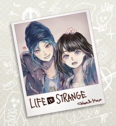 Rule 34 | 2girls, beanie, black headwear, blue eyes, blue hair, blue nails, brown hair, brown jacket, character name, chloe price, copyright name, english text, grey jacket, hand on another&#039;s head, hat, highres, jacket, jewelry, life is strange, looking at viewer, max caulfield, multiple girls, necklace, open clothes, open jacket, open mouth, photo (object), polaroid, shirt, short hair, teeth, upper body, white shirt, yacco