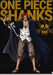Rule 34 | 1boy, absurdres, black cape, cape, facial hair, full body, highres, holding, holding sword, holding weapon, jolly roger, looking at viewer, manly, muscular, official art, one piece, pectorals, red hair, sandals, scan, scar, scar across eye, scar on face, serious, shanks (one piece), shirt, short hair, simple background, solo, standing, sword, weapon, white shirt