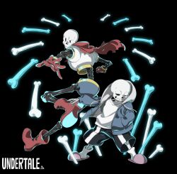 Rule 34 | &gt;:), 2boys, ankle boots, black background, black shorts, blue jacket, bone, boots, brothers, cape, cel shading, commentary, copyright name, drawstring, fighting stance, floating, floating object, full body, gloves, glowing, grin, hand in pocket, highres, hood, hood up, hooded jacket, jacket, kamezaemon, leg up, legs apart, male focus, multiple boys, one eye closed, open clothes, open jacket, open mouth, outstretched arm, papyrus (undertale), pink footwear, red cape, red footwear, red gloves, sans (undertale), shirt, shorts, siblings, simple background, skeleton, slippers, smile, socks, standing, torn cape, torn clothes, undertale, v-shaped eyebrows, white shirt, white socks