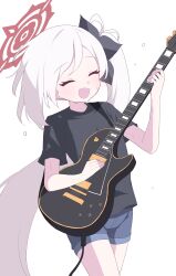 Rule 34 | 1girl, :d, absurdres, black shirt, blue archive, blue shorts, blush, closed eyes, cowboy shot, facing viewer, fang, floating hair, forehead, guitar, hagoonha, halo, highres, holding, holding instrument, instrument, legs together, long hair, music, mutsuki (blue archive), open mouth, parted bangs, playing instrument, raised eyebrows, shirt, short shorts, short sleeves, shorts, side ponytail, sidelocks, simple background, skin fang, smile, solo, sweatdrop, t-shirt, very long hair, white background, white hair