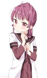 Rule 34 | 1girl, ahoge, blush, brown sailor collar, closed mouth, commentary, dress, hands up, highres, holding, holding hair, looking to the side, mearian, nanamori school uniform, ponytail, purple eyes, purple hair, raised eyebrows, red dress, sailor collar, school uniform, shirt, shy, simple background, solo, sugiura ayano, twitter username, white background, white shirt, yuru yuri