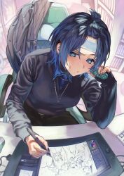 Rule 34 | 1girl, androgynous, blue eyes, blue hair, blue shirt, breasts, chain, chain necklace, chair, collared shirt, drawing, drawing tablet, formal, grey jacket, grey suit, highres, hiodoshi ao, holding, holding stylus, hololive, hololive dev is, jacket, jewelry, medium breasts, mole, mole under mouth, monitor, nail polish, necklace, otsudou, pinstripe jacket, pinstripe pattern, reverse trap, shirt, short hair, solo, striped clothes, striped jacket, striped suit, stylus, suit, swivel chair, tomboy, vertical-striped clothes, vertical-striped jacket, virtual youtuber