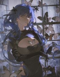 Rule 34 | 1girl, absurdres, arcana (reverse:1999), arm under breasts, black dress, black gloves, blue hair, breasts, bug, butterfly, cleavage, cleavage cutout, clothing cutout, dress, elbow gloves, finger to mouth, gjygyao, gloves, hand up, highres, hip vent, index finger raised, insect, large breasts, long hair, long sleeves, looking at viewer, reverse:1999, solo, upper body, very long hair, wand in head, window, yellow eyes