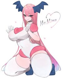 Rule 34 | 1girl, absurdres, black choker, blue eyes, blue hair, blush stickers, breasts, choker, colored skin, creatures (company), curvy, game freak, gen 1 pokemon, genderswap, genderswap (mtf), gloves, highres, horns, humanization, large breasts, long hair, looking at viewer, mr. mime, multicolored hair, navel, nintendo, pink hair, pink skin, pokemon, pokemon (creature), skin tight, solo, thick thighs, thighhighs, thighs, togetoge, very long hair, white gloves, white thighhighs, wide hips