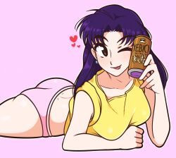 Rule 34 | 1girl, ;p, absurdres, alcohol, ass, beer, beer can, brand name imitation, breasts, brown eyes, can, drink can, earrings, heart, highres, jeff miga, jewelry, katsuragi misato, long hair, looking at viewer, lying, medium breasts, neon genesis evangelion, no pants, one eye closed, panties, parted bangs, pink background, pink panties, purple hair, shirt, simple background, sleeves rolled up, smile, solo, tongue, tongue out, underwear, yebisu, yellow shirt