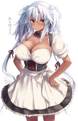 Rule 34 | 1girl, absurdres, alternate costume, black bow, black bowtie, black corset, bow, bowtie, breasts, brown eyes, cleavage, corset, dark-skinned female, dark skin, dated, detached collar, dirndl, dress, german clothes, grey hair, hair between eyes, hands on own hips, highres, kantai collection, large breasts, long hair, looking at viewer, mashiro yukiya, musashi (kancolle), musashi kai ni (kancolle), puffy short sleeves, puffy sleeves, short sleeves, signature, solo, twintails, two side up, underbust, white background, white dress