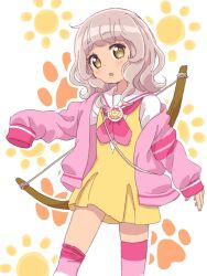 Rule 34 | 1girl, :o, bow (weapon), brown hair, cardigan, collared shirt, commentary request, dress, highres, ikzw, long sleeves, looking at viewer, mole, mole under mouth, neckerchief, open mouth, paprika private academy school uniform, pink cardigan, pink neckerchief, pretty series, pripara, sailor collar, school uniform, shirt, short dress, short hair, sleeves past fingers, sleeves past wrists, solo, standing, striped clothes, striped thighhighs, sun, taiyo pepper, thighhighs, thighhighs pull, weapon, weapon on back, white sailor collar, white shirt, yellow dress, yellow eyes