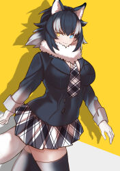 Rule 34 | 1girl, a888 n22, animal ears, black hair, blue eyes, extra ears, gloves, grey wolf (kemono friends), heterochromia, highres, jacket, kemono friends, kemono friends 3, long hair, looking at viewer, necktie, scarf, simple background, skirt, solo, tail, thighhighs, wolf ears, wolf girl, wolf tail, yellow background, yellow eyes
