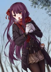 Rule 34 | 1girl, :o, bare tree, black coat, blue sky, blunt bangs, blurry, blurry background, blush, braid, breath, brown pantyhose, brown skirt, character doll, chien zero, coat, cup, day, depth of field, disposable cup, dutch angle, enpera, floral print, french braid, fringe trim, girls&#039; frontline, gloves, hair ribbon, highres, holding, holding cup, lips, little red riding hood, long sleeves, looking to the side, miniskirt, official alternate costume, open clothes, open coat, open mouth, outdoors, pantyhose, plaid, plaid skirt, print scarf, red hair, red scarf, ribbon, scarf, skirt, sky, solo, springfield (girls&#039; frontline), straight hair, tree, tsurime, two-handed, v-shaped eyebrows, wa2000 (date in the snow) (girls&#039; frontline), wa2000 (girls&#039; frontline), white gloves