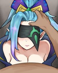 Rule 34 | 1boy, 1girl, absurdres, asymmetrical bangs, bare shoulders, black blindfold, blindfold, blush, bow, breasts, cleavage, collarbone, facing viewer, from above, gradient background, green hair, grey background, hair bow, hand on another&#039;s head, highres, league of legends, long hair, looking up, pointy ears, ponytail, pov, spirit blossom vayne, vayne (league of legends), wei miao