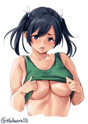 Rule 34 | 1girl, areola slip, bare arms, bare shoulders, bikini tan, blue eyes, blue hair, blush, breast press, breasts, cleavage, collarbone, crop top, cropped torso, ebifurya, embarrassed, highres, kantai collection, large breasts, lifted by self, looking at viewer, no bra, open mouth, sideboob, simple background, sleeveless, solo, souryuu (kancolle), tan, tank top, tanline, twintails, underboob, upper body, white background