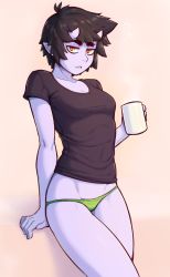 Rule 34 | 1girl, black hair, black shirt, breasts, collarbone, colored skin, commentary, cup, english commentary, green panties, highres, holding, holding cup, horns, ittla, looking at viewer, medium breasts, no pants, oni horns, original, panties, parted lips, pointy ears, purple skin, shirt, short hair, short sleeves, simple background, solo, thick eyebrows, ume (ittla), underwear
