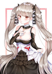 Rule 34 | 1girl, azur lane, bare shoulders, between breasts, black dress, blush, bow, breasts, cleavage, collarbone, cowboy shot, detached collar, dress, earrings, ekina (1217), formidable (azur lane), framed, frilled dress, frills, grey hair, hair bow, hand on own chest, highres, jewelry, large breasts, long hair, long sleeves, looking at viewer, outside border, parted lips, red eyes, solo, standing, twintails, very long hair, white background