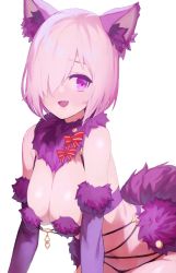 Rule 34 | 1girl, animal ears, bare shoulders, blush, bow, breasts, chorogon, cleavage, elbow gloves, fang, fate/grand order, fate (series), fur-trimmed gloves, fur collar, fur trim, gloves, hair over one eye, halloween costume, highres, large breasts, light purple hair, looking at viewer, mash kyrielight, mash kyrielight (dangerous beast), navel, o-ring, official alternate costume, open mouth, purple eyes, purple gloves, red bow, revealing clothes, short hair, simple background, smile, tail, white background, wolf ears, wolf tail
