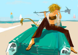 Rule 34 | 1girl, absurdres, animal ears, arknights, beach, bingansuan jiamouren, black pants, blonde hair, car, highres, jacket, motor vehicle, open clothes, open jacket, outdoors, over shoulder, pants, sandals, siege (arknights), sign, signpost, sitting on car, solo, spread legs, strapless, tube top, weapon, weapon over shoulder, white jacket