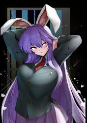 Rule 34 | 1girl, animal ears, arms behind head, black jacket, breasts, buttons, collared shirt, commentary, crescent, crescent pin, highres, jacket, large breasts, long hair, long sleeves, looking to the side, mizuga, necktie, open mouth, pink skirt, purple hair, rabbit ears, rabbit girl, red eyes, red necktie, reisen udongein inaba, shirt, skirt, solo, symbol-only commentary, touhou, upper body, white shirt
