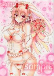 Rule 34 | 1girl, blush, bouquet, breasts, bridal veil, cleavage, corset, elbow gloves, flower, gloves, hand on own chest, headphones, large breasts, long hair, looking at viewer, navel, nitroplus, open mouth, panties, pink hair, red eyes, sample watermark, solo, standing, super sonico, thighhighs, traditional media, underwear, veil, wakaba0801, watermark