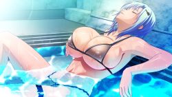 Rule 34 | 1girl, arm support, armpits, bikini, blue hair, breasts, bursting breasts, cleavage, closed eyes, covered erect nipples, game cg, hair ornament, hairclip, huge breasts, indoors, kyonyuu majo, outstretched arms, parted bangs, partially submerged, pool, q-gaku, reclining, short hair, sideboob, skindentation, solo, spread arms, spread legs, string bikini, swimsuit, tenma yuria, thigh strap, thighs, underboob, water, wet