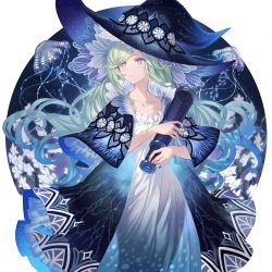 Rule 34 | 1girl, animal, blue eyes, blue hair, blue nails, blue theme, bright pupils, capelet, collarbone, cross-shaped pupils, dress, eyes visible through hair, fingernails, floral print, flower, frills, green hair, hat, highres, holding, holding telescope, jellyfish, long hair, makai no juumin, multicolored eyes, multicolored hair, nail polish, original, see-through, symbol-shaped pupils, telescope, very long hair, white dress, white flower, white pupils, witch, witch hat, yellow eyes