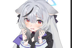 Rule 34 | 1girl, ahoge, animal ears, blue archive, blush, clothing request, gradient hair, grey hair, hair between eyes, halo, hands up, highres, holding, holding own hair, kokona (blue archive), long hair, long sleeves, looking at viewer, multicolored hair, open mouth, red eyes, simple background, solo, upper body, white background, yagita (astronomie)