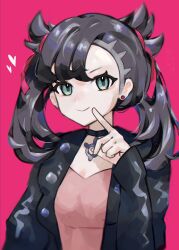 Rule 34 | 1girl, absurdres, asatte 3z, asymmetrical bangs, black choker, black hair, black jacket, blue eyes, choker, closed mouth, creatures (company), earrings, game freak, hair ribbon, hand up, heart, highres, jacket, jewelry, long sleeves, marnie (pokemon), medium hair, nintendo, open clothes, open jacket, pink background, pink ribbon, pokemon, pokemon swsh, ribbon, simple background, smile, solo, twintails, upper body