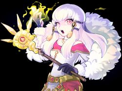 Rule 34 | 1girl, bare shoulders, black background, bone (stare), dress, fire emblem, fire emblem: three houses, fur trim, hair ornament, hand up, heroes relic (fire emblem), holding, holding weapon, jewelry, long hair, long sleeves, lysithea von ordelia, magic, necklace, nintendo, open mouth, pink eyes, simple background, solo, spell, staff, thrysus (staff), weapon, white hair