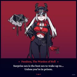 Rule 34 | 1girl, belt, breasts, chain, chained, cloud, coat, conversation, demon horns, demon tail, description, talking, english text, fanwork, gloves, gradient background, hand on own hip, hat, helltaker, highres, horns, key, keyring, large breasts, looking at viewer, navel, original, pandora (helltaker), police, police uniform, red background, red eyes, smile, storytaker, tail, twintails, uniform, white hair