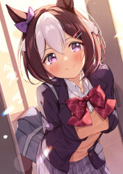 Rule 34 | 1girl, alternate costume, animal ears, arms behind back, bag, blush, bow, bowtie, brown hair, closed mouth, collared shirt, grey skirt, hair between eyes, highres, horse ears, horse girl, horse tail, long sleeves, looking at viewer, pleated skirt, purple eyes, red bow, red bowtie, saboten mushi, school bag, shirt, skirt, smile, solo, special week (umamusume), tail, umamusume, upper body, white hair, white shirt