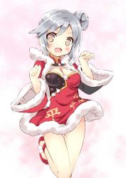 Rule 34 | 1girl, :d, blush, breasts, china dress, chinese clothes, cleavage, dress, fang, fur trim, gluteal fold, grey hair, highres, looking at viewer, open mouth, ping hai (warship girls r), short hair, side ponytail, smile, solo, thigh gap, warship girls r, wide sleeves, yellow eyes, zero (miraichizu)