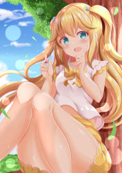Rule 34 | 1girl, :d, blonde hair, blouse, blue eyes, blue sky, blush, breasts, cloud, commentary request, day, feet out of frame, fujisawa yuzu, hair between eyes, hands up, highres, knees together feet apart, knees up, long hair, looking at viewer, medium breasts, ongeki, open mouth, outdoors, shirt, short sleeves, skirt, sky, smile, solo, tree, two side up, very long hair, white shirt, xenon (for achieve), yellow skirt