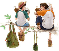 Rule 34 | 2boys, bag, black hair, branch, brother, brothers, east blue, eating, food, hat, in tree, lowres, male focus, meat, monkey d. luffy, multiple boys, one piece, portgas d. ace, raglan sleeves, rice, sandals, shorts, siblings, sitting, sitting in tree, straw hat, tree