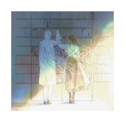 Rule 34 | 2girls, arm up, black hair, book, bookshelf, border, brown footwear, brown hair, coat, facing away, from behind, full body, half updo, high heels, highres, holding, holding book, holding hands, indoors, kny yy, library, light particles, light rays, long hair, long sleeves, looking at another, multiple girls, original, outstretched arm, pants, pantyhose, shade, shirt, shoes, skirt, standing, sunlight, very long hair, white border, white coat, white hair, white pants, white shirt, yuri