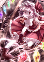 Rule 34 | 1girl, ascot, blonde hair, boots, bride-hat removed, flandre scarlet, gloves, glowing, glowing wings, hat, hat ribbon, laevatein, miyakure, mob cap, pink eyes, puffy sleeves, red gloves, revision, ribbon, shaded face, shirt, short sleeves, side ponytail, skirt, skirt set, solo, touhou, vest, wings